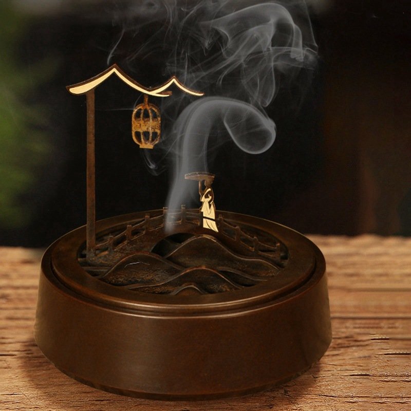 Traditional Hand Carved Mountain and Bridge Chinese Antique Brass Incense Burner Traditional Hand Carved Mountain and Bridge Chinese Antique Brass Incense Burner