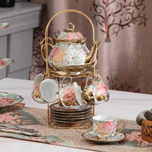 English Countryside Red And Blue Rose Bone China Coffee And Tea Sets For Adults Vintage