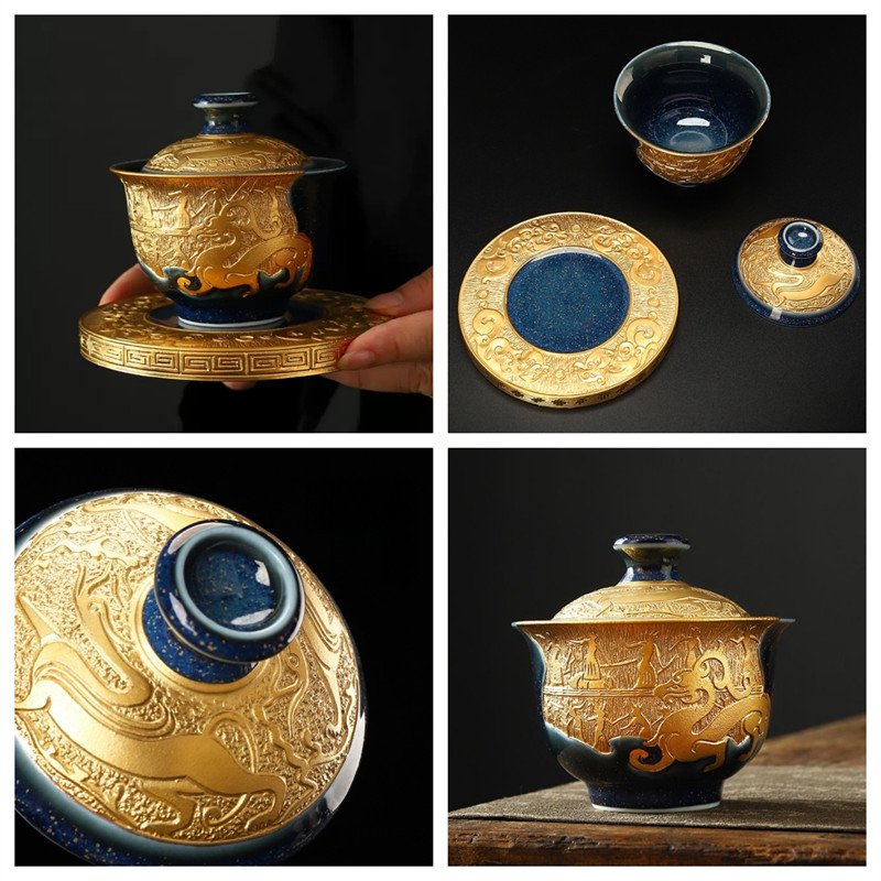 6.08fl Oz/180ml Best Starry Night Gilded Pure Golden Glaze Ceramic Gaiwan Tea Cup 6.08fl Oz/180ml Best Starry Night Gilded Pure Golden Glaze Ceramic Gaiwan Tea Cup