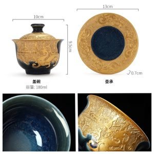 6.08fl Oz/180ml Best Starry Night Gilded Pure Golden Glaze Ceramic Gaiwan Tea Cup