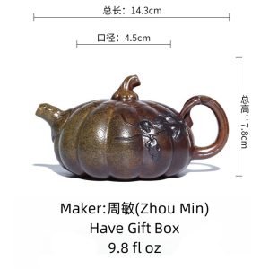 9.8 Oz Brown Glaze Golden Clay Pumpkin Shape Handmade Yixing Zisha Chinese Teapot