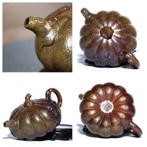 9.8 Oz Brown Glaze Golden Clay Pumpkin Shape Handmade Yixing Zisha Chinese Teapot
