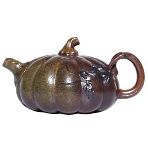 9.8 Oz Brown Glaze Golden Clay Pumpkin Shape Handmade Yixing Zisha Chinese Teapot