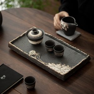Lotus Theme Wabi-sabi Rough Pottery Chinese Ceramic Gongfu Tea Cup Serving Tray
