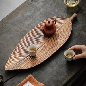 Leaf Shaped Japanese Walnut Wooden Tray For Serving Tea
