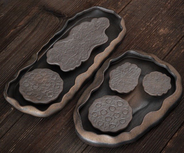 Chinese Gilt Lotus Pond Ceramic Afternoon Tea Ceremony Serving Tray Chinese Gilt Lotus Pond Ceramic Afternoon Tea Ceremony Serving Tray