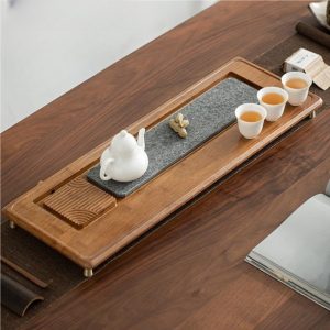 Reinforced Bamboo And Black Stone Removable Gongfu Tea Cup Serving Tray