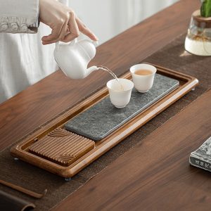 Reinforced Bamboo And Black Stone Removable Gongfu Tea Cup Serving Tray