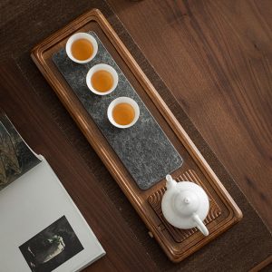 Reinforced Bamboo And Black Stone Removable Gongfu Tea Cup Serving Tray