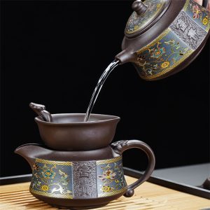 Colorful Flowers Entangled Branches Chinese Yixing Purple Clay Zisha Tea Set