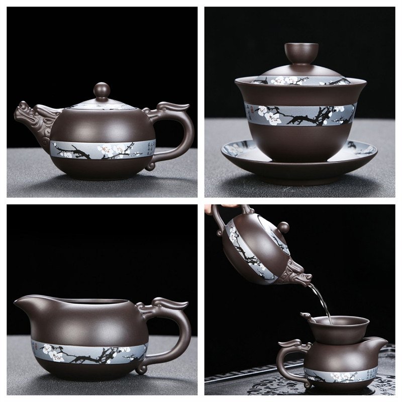 Winter Plum Blossom Theme Yixing Purple Clay Chinese Zisha Tea Set Winter Plum Blossom Theme Yixing Purple Clay Chinese Zisha Tea Set