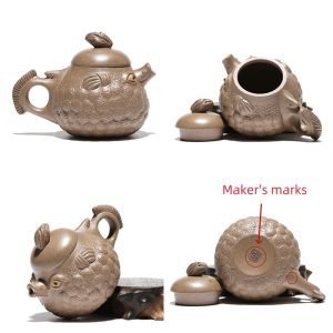 6.8 Oz Fish Shape Dragon Egg Chinese Yixing Purple Clay Teapot With Artist's Certificate