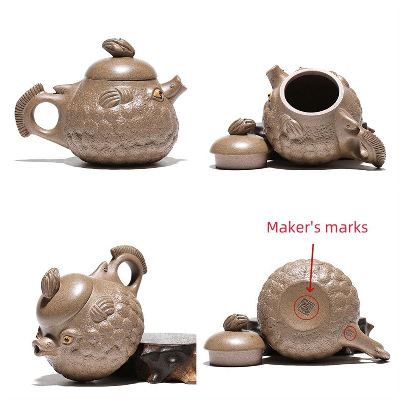 6.8 Oz Fish Shape Dragon Egg Chinese Yixing Purple Clay Teapot With Artist’s Certificate 6.8 Oz Fish Shape Dragon Egg Chinese Yixing Purple Clay Teapot With Artist's Certificate