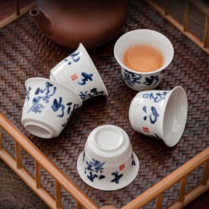 1.2 Fl Oz-1.7 Fl Oz Small Ash Glaze Porcelain Hand Painted Poem Gongfu Tea Cups