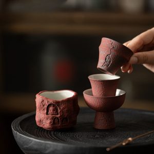 1.4 Fl Oz-3.4 Fl Oz Traditional Handmade Ocher Red Glaze Pottery Gongfu Master Tea Cup Set