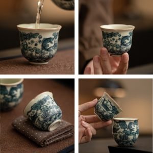1.7 Fl Oz/50 Ml Ru Kiln Porcelain Fish And Seaweed Gongfu Tea Cup With Gift Box