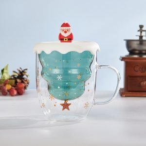 10.1 Fl Oz/300 Ml Green And Pink Christmas Tree And Santa Claus Glass Tea Cups With Lid