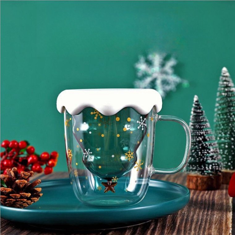 10.1 Fl Oz/300 Ml Green And Pink Christmas Tree And Santa Claus Glass Tea Cups With Lid 10.1 Fl Oz/300 Ml Green And Pink Christmas Tree And Santa Claus Glass Tea Cups With Lid