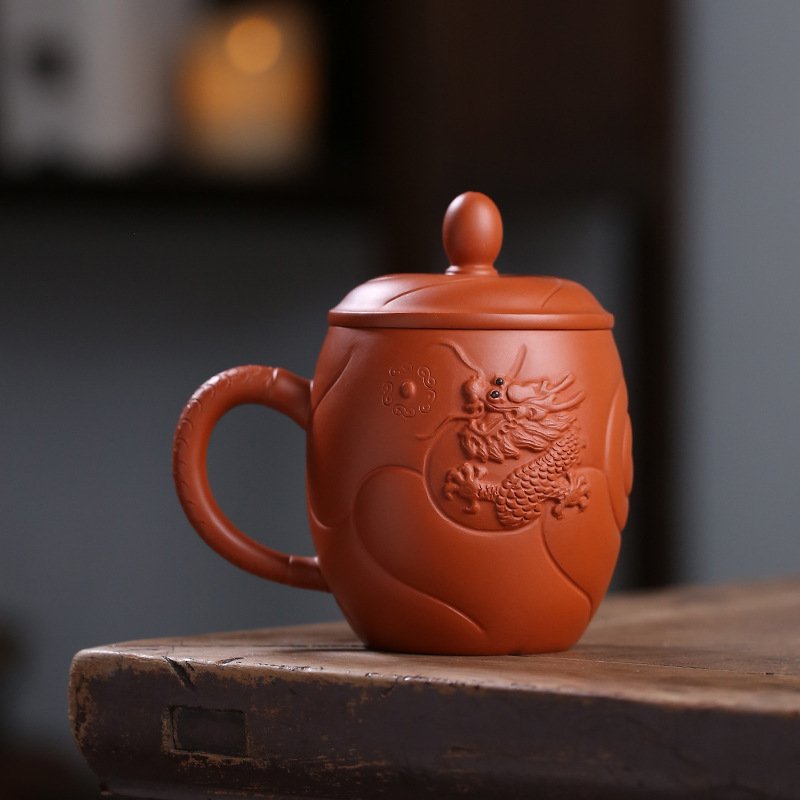 11 Fl Oz/325 Ml Dragon And Fish Zisha Yixing Purple Clay Tea Cup With Handle 11 Fl Oz/325 Ml Dragon And Fish Zisha Yixing Purple Clay Tea Cup With Handle