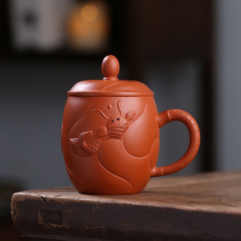 11 Fl Oz/325 Ml Dragon And Fish Zisha Yixing Purple Clay Tea Cup With Handle 11 Fl Oz/325 Ml Dragon And Fish Zisha Yixing Purple Clay Tea Cup With Handle