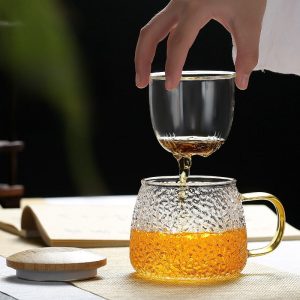 13.5 Fl Oz/400 Ml White And Green Clear Glass Tea Cups Tea Mug With Glass Infuser And Wooden Lid