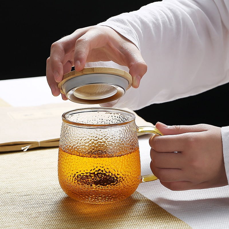 13.5 Fl Oz/400 Ml White And Green Clear Glass Tea Cups Tea Mug With Glass Infuser And Wooden Lid 13.5 Fl Oz/400 Ml White And Green Clear Glass Tea Cups Tea Mug With Glass Infuser And Wooden Lid