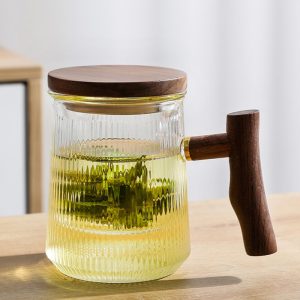13.5 Fl Oz/400 Ml Crystal Glass Tea Mug With Glass Strainer And Wooden Lid