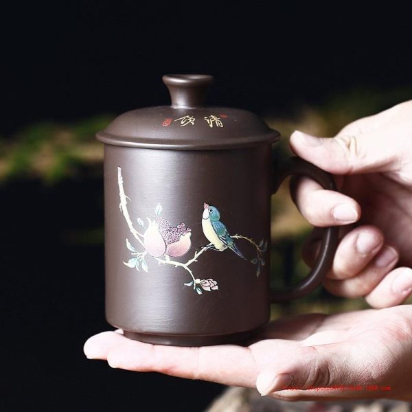 13.5 Fl Oz/400 Ml Large Capacity Magpie And Crane Pattern Yixing Zisha Tea Cup With Lid