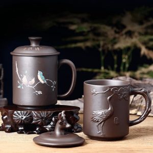 13.5 Fl Oz/400 Ml Large Capacity Magpie And Crane Pattern Yixing Zisha Tea Cup With Lid