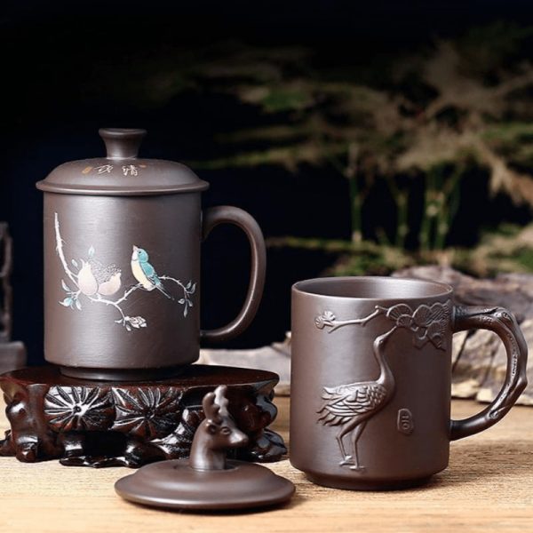 13.5 Fl Oz/400 Ml Large Capacity Magpie And Crane Pattern Yixing Zisha Tea Cup With Lid