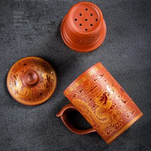 16.9 Fl Oz/500 Ml Lucky Dragon Yixing Antique Tea Mug Purple Clay Tea Cup With Handle And Purple Clay Infuser
