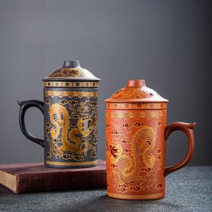 16.9 Fl Oz/500 Ml Lucky Dragon Yixing Antique Tea Mug Purple Clay Tea Cup With Handle And Purple Clay Infuser