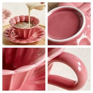 5.1 Fl Oz/150 Ml Pink And Rose Red Ceramic Coffee Tea Cups And Saucers Sets
