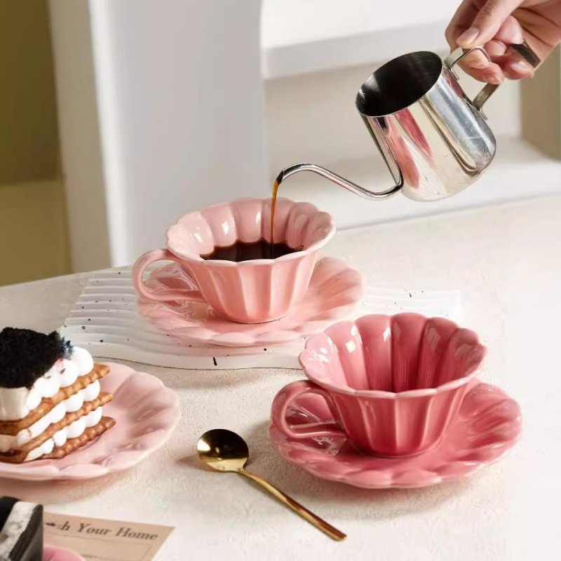 5.1 Fl Oz/150 Ml Pink And Rose Red Ceramic Coffee Tea Cups And Saucers Sets 5.1 Fl Oz/150 Ml Pink And Rose Red Ceramic Coffee Tea Cups And Saucers Sets