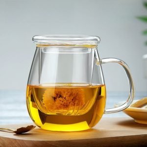 13.5 Fl Oz/400 Ml White And Green Clear Glass Tea Cups Tea Mug With Glass Infuser And Wooden Lid