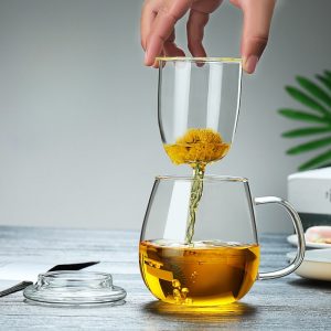 13.5 Fl Oz/400 Ml White And Green Clear Glass Tea Cups Tea Mug With Glass Infuser And Wooden Lid