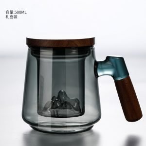 13.5 Fl Oz/400 Ml White And Green Clear Glass Tea Cups Tea Mug With Glass Infuser And Wooden Lid