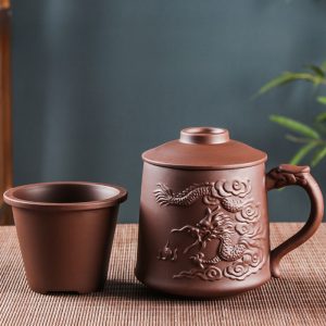 16.9 Fl Oz/500 Ml Lucky Dragon Yixing Antique Tea Mug Purple Clay Tea Cup With Handle And Purple Clay Infuser