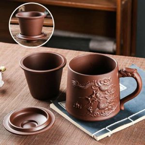 16.9 Fl Oz/500 Ml Lucky Dragon Yixing Antique Tea Mug Purple Clay Tea Cup With Handle And Purple Clay Infuser