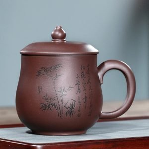 18.6 Fl Oz/550 Ml Bamboo And Village Pattern Yixing Zisha Purple Clay Tea Cup