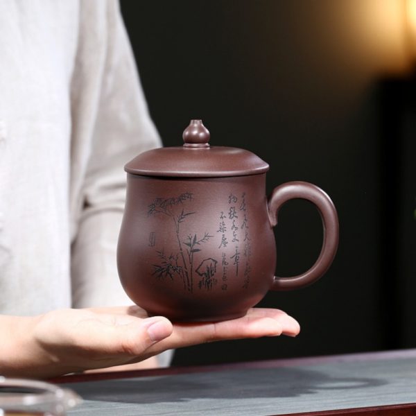 18.6 Fl Oz/550 Ml Bamboo And Village Pattern Yixing Zisha Purple Clay Tea Cup