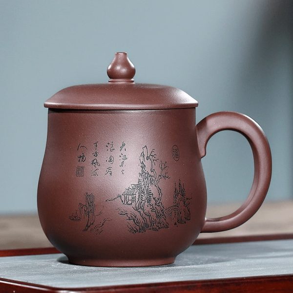 18.6 Fl Oz/550 Ml Bamboo And Village Pattern Yixing Zisha Purple Clay Tea Cup