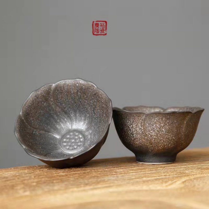 2.7 Fl Oz-3 Fl Oz Antique Iron Pottery Flower Shaped Traditional Japanese Tea Cups 2.7 Fl Oz-3 Fl Oz Antique Iron Pottery Flower Shaped Traditional Japanese Tea Cups