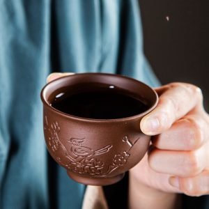2.7 Fl Oz/80 Ml Carved Flower And Bird Pattern Traditional Purple Clay Yixing Tea Cups Set
