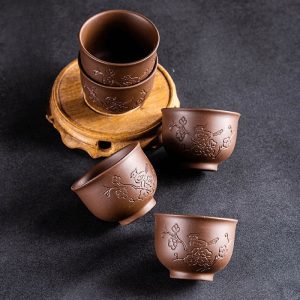 2.7 Fl Oz/80 Ml Carved Flower And Bird Pattern Traditional Purple Clay Yixing Tea Cups Set