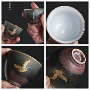 2 Fl Oz/60 Ml Hand Painted Crane Ceramic Kung Fu Tea Ceremony Cup Set Of 5