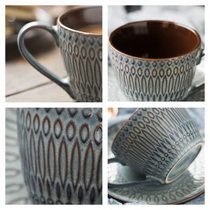 6.8 Fl Oz/200 Ml Vintage Blue Rough Pottery English Tea Cup And Saucer Set For Sale