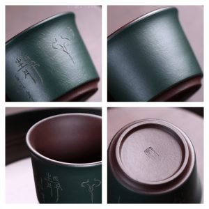 3.4 Fl Oz/100 Ml Deep Green Traditional Carved Antique Yixing Purple Clay Tea Cup