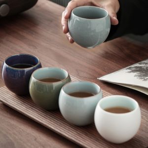 3.7 Fl Oz/110 Ml Five Famous Kilns Traditional Handmade Ceramic Gongfu Tea Cup Set Of 5