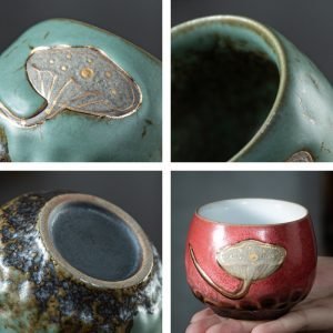 4.1 Fl Oz/120 Ml Red And Green Lotus Seedpod Pottery Gongfu Tea Cups